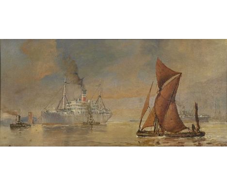 M..Morris (British, early 20th Century), a passenger ship being pulled by tugs, a sailing vessel to the foreground, signed an