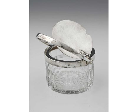 An Art Deco silver mounted and cut glass preserve pot, Hukin and Heath, Birmingham 1936, multifaceted cylindrical drum form w