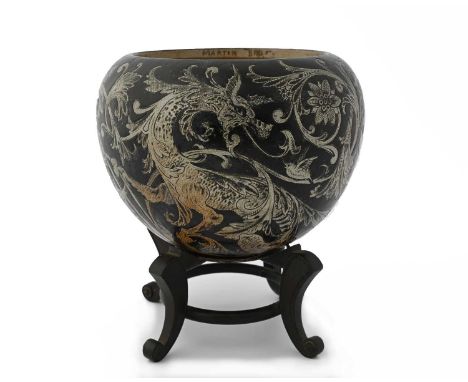 Martin Brothers, a stoneware Dragon jardiniere, circa 1890, ovoid form, sgraffito decorated in the Mannerist style with zoomo