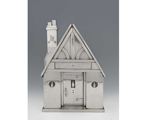 A novelty Art Deco chrome letter box, in the form of a house with pitched roof, half timbered gable end and chimney stack, 42