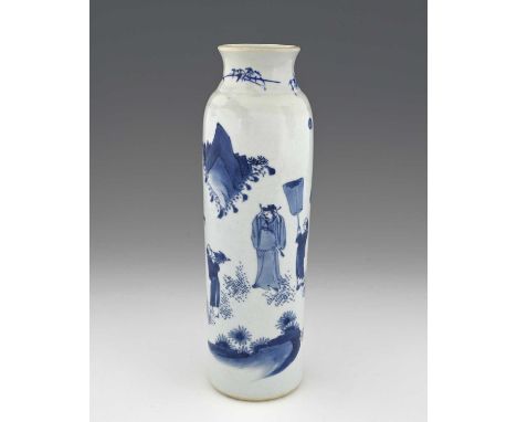 A Chinese blue and white vase, Kangxi style, cylindrical shouldered form, painted in the round with courtier and attendants i