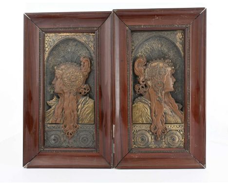 Attributed to Alphonse Mucha (Czech, 1860-1939), a pair of Art Nouveau bronzed and gilt art metal wall plaques, circa 1897, e