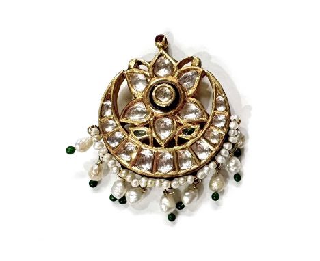 A yellow metal Mughal style white sapphire and polychrome enamel pendant, length 4.4cm, 14.3gProvenance: formerly the propert