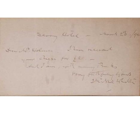 James Abbot McNeill Whistler (American, 1834-1903), a receipt for the sum of £21 from F.W. Holmes from the Savoy Hotel, Londo