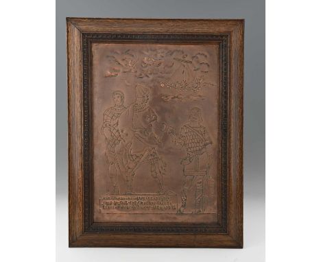 A Newlyn style Arts and Crafts copper plaque, sgraffito incised with William the Conqueror and King Harold before the Battle 