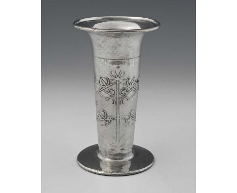 Archibald Knox for Liberty and Co, a Tudric Arts and Crafts pewter vase, model 01104, footed trumpet form, cast in relief wit