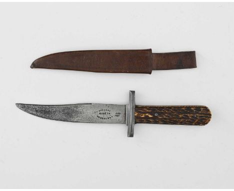 An EM Dickson Cutlery Co. explorer's knife, circa 1900, with stag antler handle and leather sheath, 26cm approx