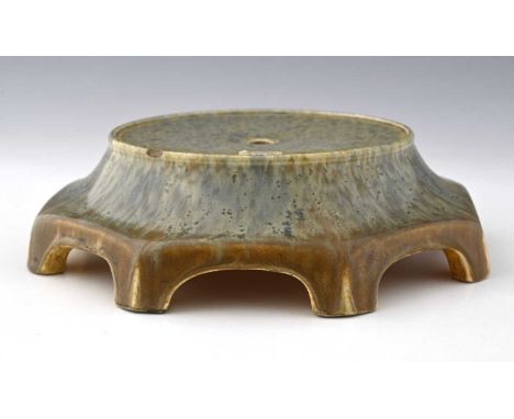 Ruskin Pottery, a Crystalline glazed vase or lamp stand, circa 1920s, octagonal bracket footed form, mottled blue grey over s