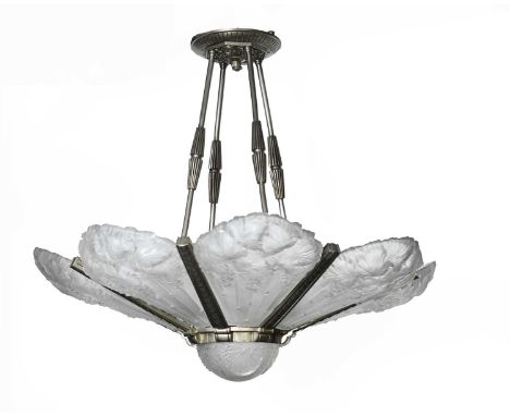 Sabino, a French Art Deco frosted glass chandelier, 1920s, the relief moulded panels with floral design set in silvered metal