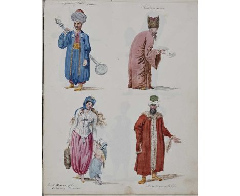 A mid-Victorian sketch book of costume designs, created by Sarah Wilcox, dated 1865, comprising watercolour sketches of figur