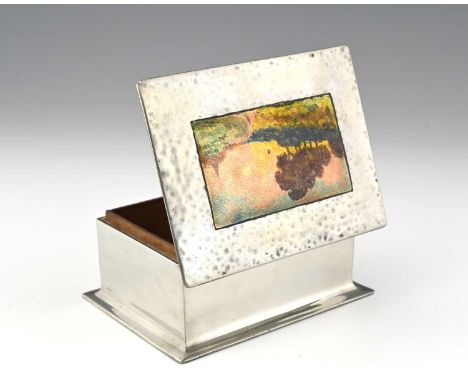Charles Fleetwood Varley for Liberty and Co., an Arts and Crafts Tudric pewter and enamelled cigar box, model 082, the lid se