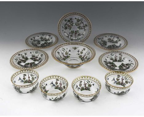 Hugo Masey for Webb Corbett, an enamelled glass dessert service, circa 1920s, in the Chinoiserie style, including serving bow