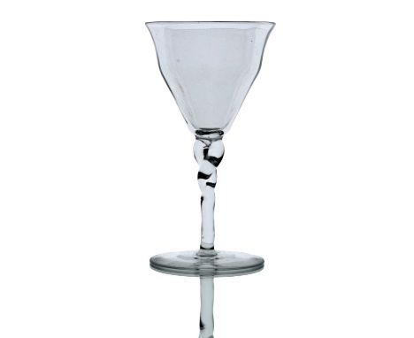 Philip Webb for James Powell and Sons, Whitefriars, an Arts and Crafts wine glass, circa 1860, optic ribbed ogee bowl in a bi