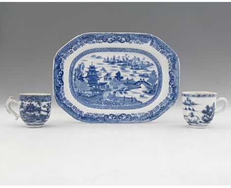Three items of Chinese blue and white export ware, in the European taste, including an octagonal meat platter of small propor