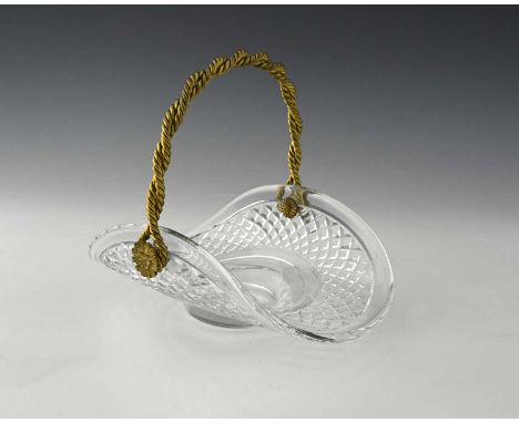 A gilt metal and cut glass basket, the body of bonnet form with hobnail band, double twisted rope handle attached on rosette 