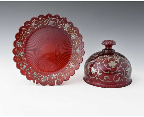A Bohemian ruby washed and lustre enamelled glass dome and stand, the plate with denticulated rim and star cut base, decorate