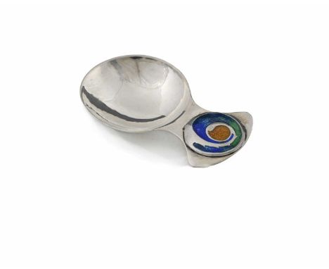 Archibald Knox for Liberty and Co., a silver and enamelled tea caddy spoon, William Hair Haseler, circular bowl and axe head 