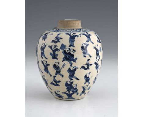 A Chinese blue and white ginger jar, Kangxi mark, thousand boys pattern, painted in the round, 12cm high
