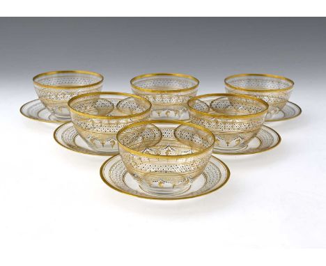 A set of six Bohemian enamelled and gilded glass bowls and dishes, probably J &amp; L Lobmeyr, circa 1900, the diaper borders