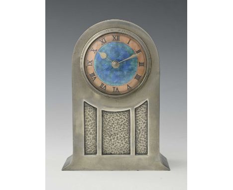 David Veasey for Liberty and Co, an Arts and Crafts Tudric pewter and enamel clock, model 01268, domed bracket case with plan