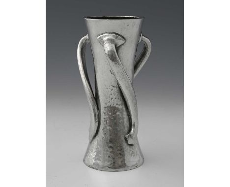 Archibald Knox for Liberty and Co, a Tudric Arts and Crafts pewter vase, model 030, planished and waisted cylindrical form wi
