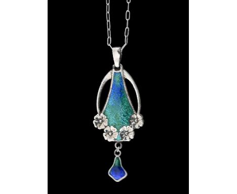 Charles Horner, an Arts and Crafts silver and enamelled pendant, Chester 1909, the triangular plaque in blue green textured e
