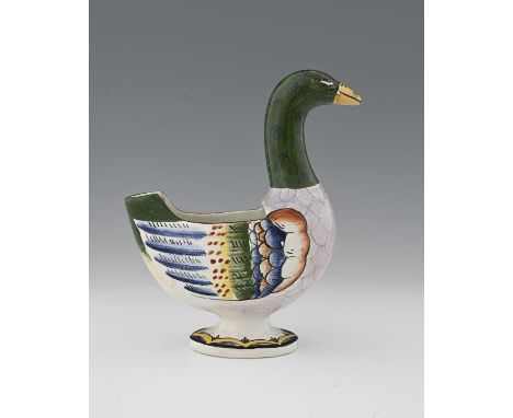Wemyss, an art pottery novelty sauce tureen or gravy boat, Robert Heron and Son, modelled as a mallard duck, relief moulded a
