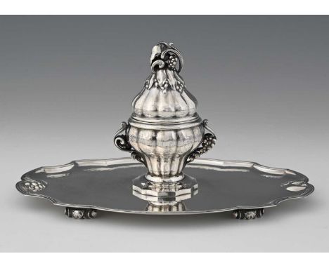 Johan Rohde for Georg Jensen, a Danish Skonvirke silver single inkstand, model 346, designed circa 1915, the planished tray w