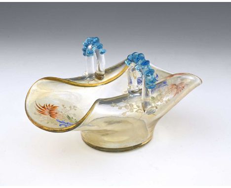 Harrach, a Bohemian enamelled glass twin handled basket, peach iridescent wash, bonnet form with applied loop handles and blu