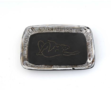 Claude Vayssier for Cerenne Vallauris, an art pottery dish, circa 1960s, rectangular form, sgraffito decorated with a nude wo