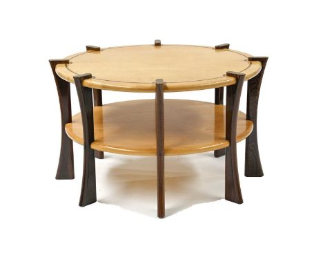 Sean Feeney (British, 1956), a circular sycamore coffee table, in the Art Deco style, eight wenge legs supporting a strung to