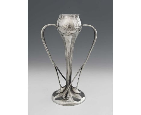 Archibald Knox for Liberty and Co, a Tudric Arts and Crafts pewter vase, model 029, organic poppy head form with bisected whi