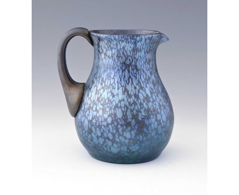 Loetz, a Secessionist Cobalt Papillon iridescent glass jug, baluster form with applied loop handle, 18cm high