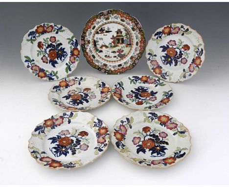 Two sets of six Masons ironstone plates, circa 1820s, including gilt highlighted Imari type Chinoiserie plates and ogee rimme