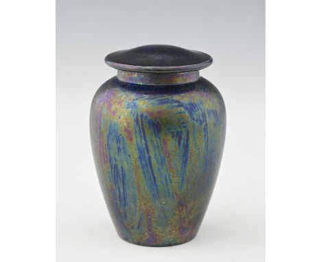 Ruskin Pottery, a Kingfisher lustre vase and cover, 1918, shouldered form with shallow domed lid, impressed marks, 11cm high