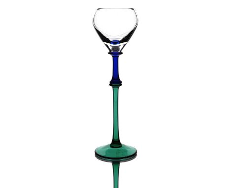 A Memphis school Italian Murano stemmed glass, probably Cendese, Venice, circa 1980, the pear shaped bowl on a double column 
