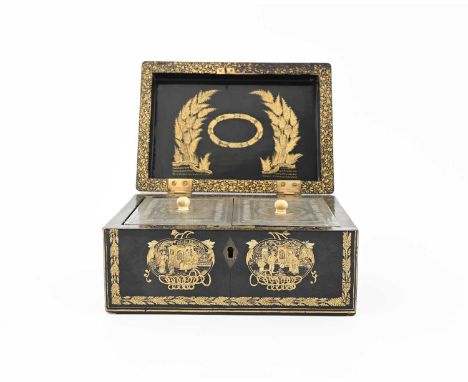 X A Chinese Export lacquer tea caddy, early 19th century, of rectangular form, the sides and hinged cover decorated in bi-col