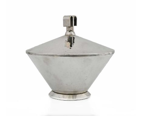 WMF, an Art Deco silver plated bowl and cover, planished conical form, footed, the lid finial formed of two inverted ribbon s