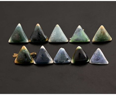 Ruskin Pottery, a collection of ten various Souffle glazed buttons, triangular form, in different blue and green glazes, 2cm 