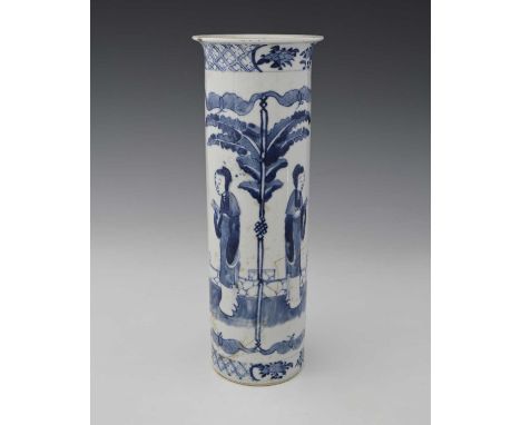 A Chinese blue and white sleeve vase, Kangi mark, cylindrical form, painted with panels of solitary figures in a garden terra