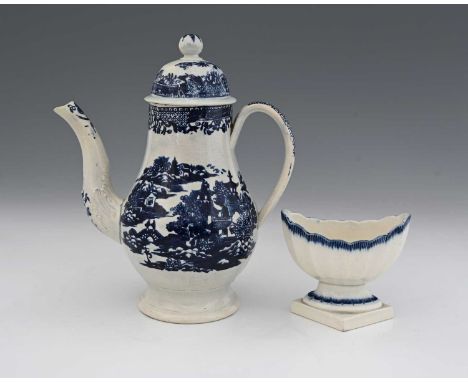 An 18th century pearlware blue and white pearlware coffee pot, of small proportions, circa 1780, footed baluster form with fe