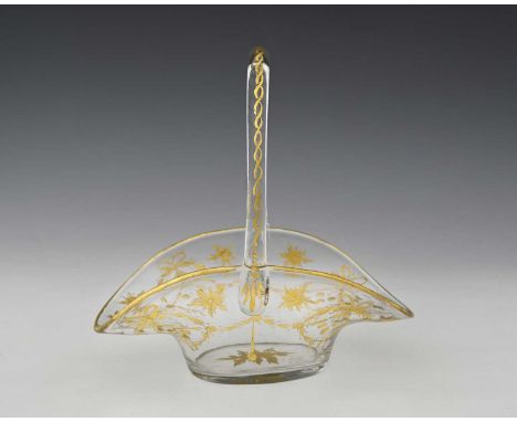 A Bohemian gilt etched glass basket, squashed bonnet form, decorated with husk wreaths and garlands, 23cm high