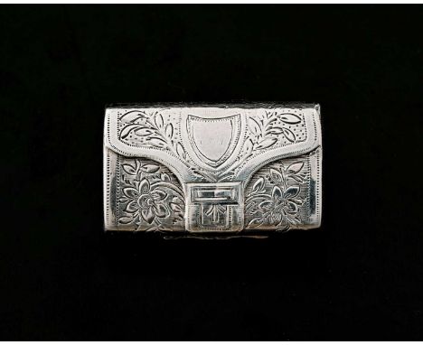 A George III silver vinaigrette, modelled in the form of a purse or satchel, the exterior decorated with flower and foliage, 