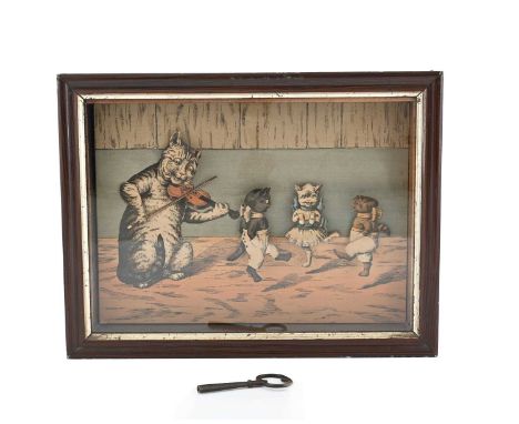 A German musical cat automaton, circa 1890, the chromolithographic prints in the style of Louis Wain mounted on card, depicti