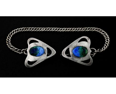 An Arts &amp; Crafts style silver and enamel cloak clasp, 16.5cm, 9.7g