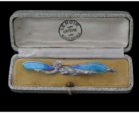 Gabriel Stalin for Piel Freres, an Art Nouveau silver and enamelled brooch, circa 1900, modelled in relief as a fairy, the wi