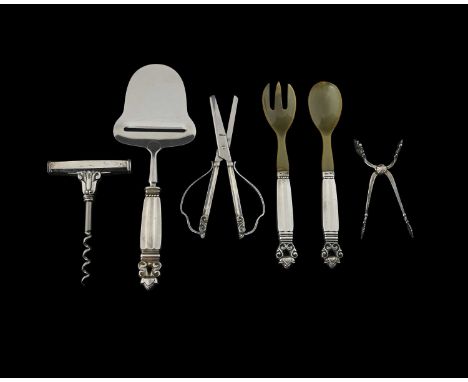 Johan Rohde for Georg Jensen, a collection of Acorn pattern tools and accessories, designed in 1915, including grape scissors