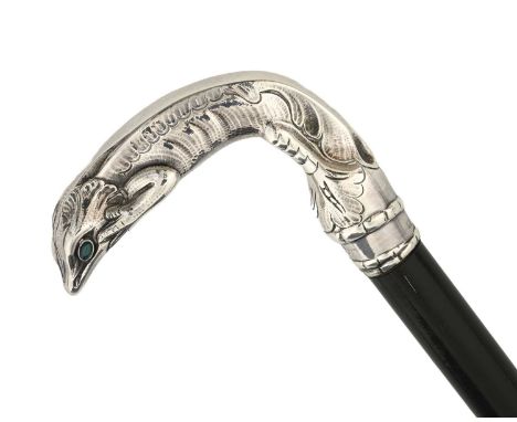 Georg Jensen, a Danish silver lizard pommel walking cane, model 116, designed 1914, modelled as a salamander, set with green 