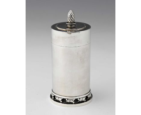 Harald Nielsen for Georg Jensen, an Art Deco silver tea caddy, model 639, cylindrical form on an open coiled ribbon and bead 