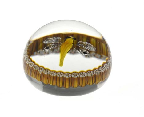 Perthshire, a Dragonfly and millefiori glass paperweight, 1970, number 70 of 500, the yellow bodied insect with transparent w